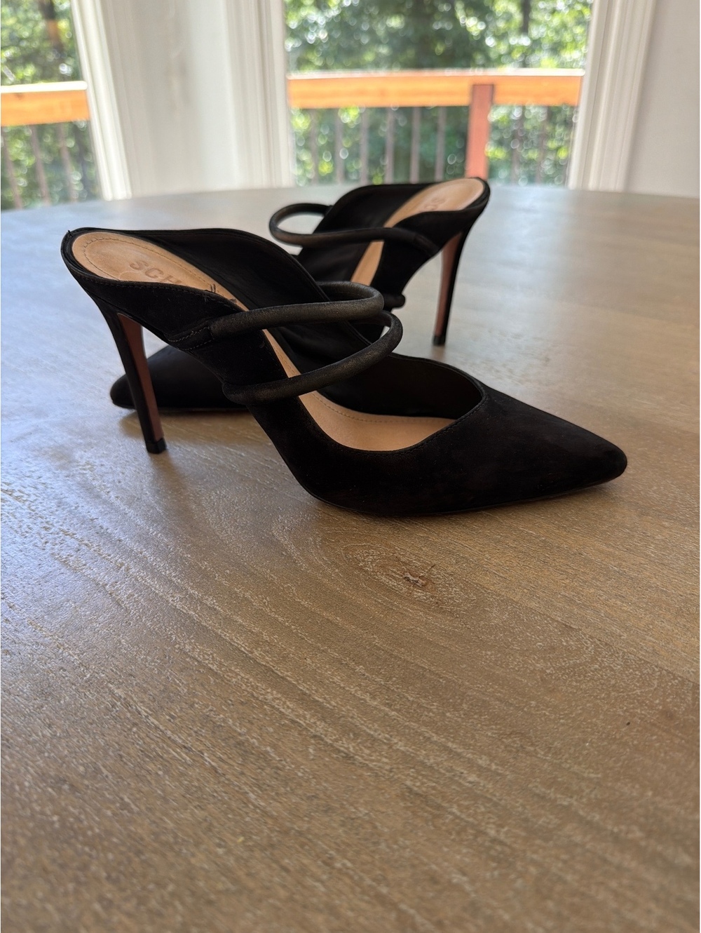 Schutz Black Suede Strappy Pointed Toe Mule Heels Size 8.5 Chic